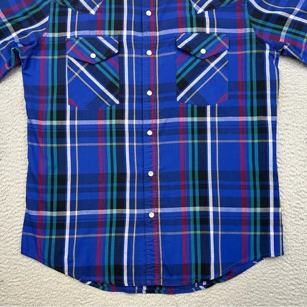 High Noon Pearl Snap Shirt‎ Mens Medium Blue Plaid Western Cowboy Farmer Ranch
